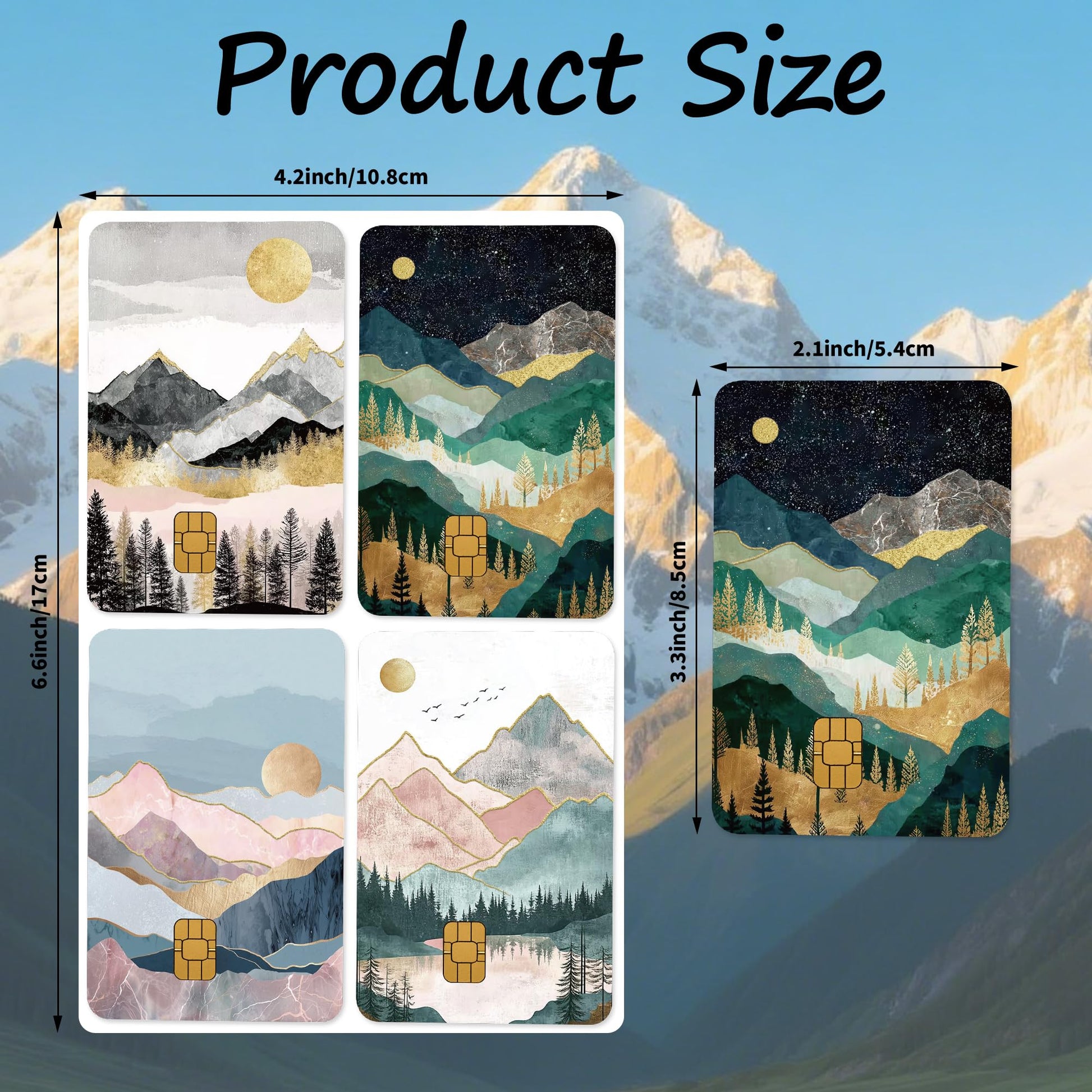 Credit Card Skin Stickers: 4PCS Scenic Mountain Debit Card Skins, Chinoiserie Landscape Cards Covers with Chip Cutout, Waterproof Removable Sticker Wraps for Bank Transportation Key Cards