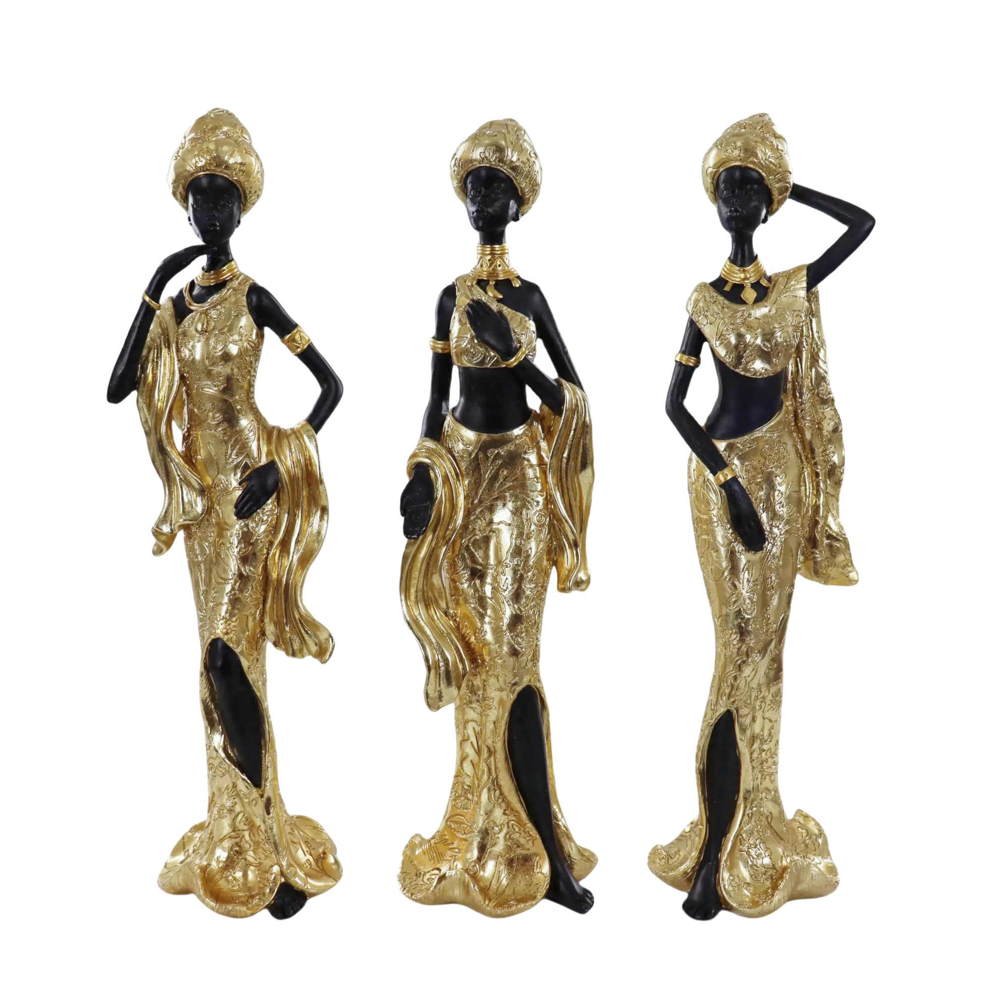Set of 3 Resin African Woman Statues – Elegant Tribal Figurines in Gold Dresses, Afrocentric Home Decor Sculptures for Living Room, Bookshelf, Gift