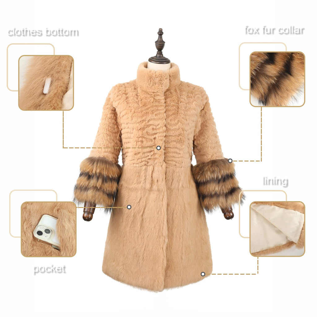 Fur Story Women's Genuine Rabbit Fur Coat With Fox Fur Cuffs Warm Winter Coat Black Long Jacket