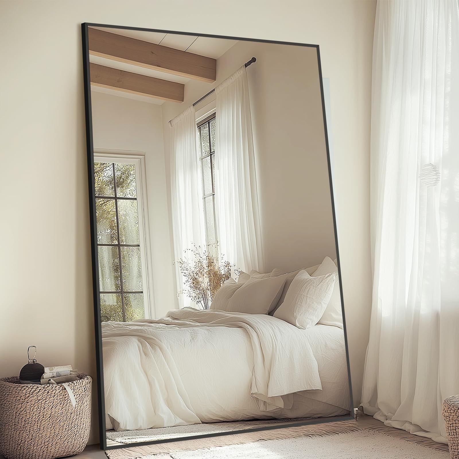 Oversized Floor Mirror Full Length with Stand, 72"X44" Extra Large Arch Standing Mirror Full Length, Tempered Glass Black Full Body Mirror for Bedroom Living Room, Aluminum Alloy Frame