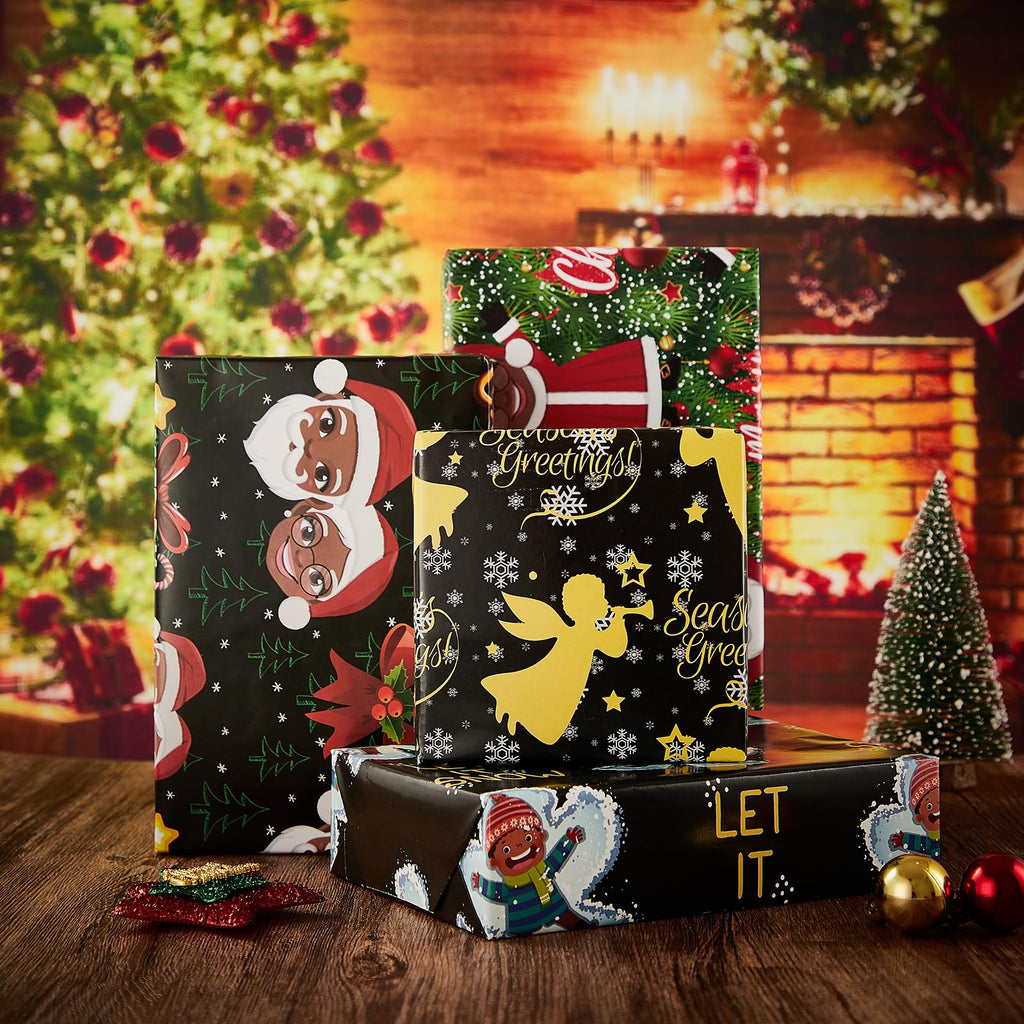 Vnaaem African American Christmas Wrapping Paper Black Holiday Style Gift Wrap Paper Bulk Santa Angel Merry Christmas Element Dsign for Boys Girls Family - 20 X 28 Inches 8 Folded Sheets