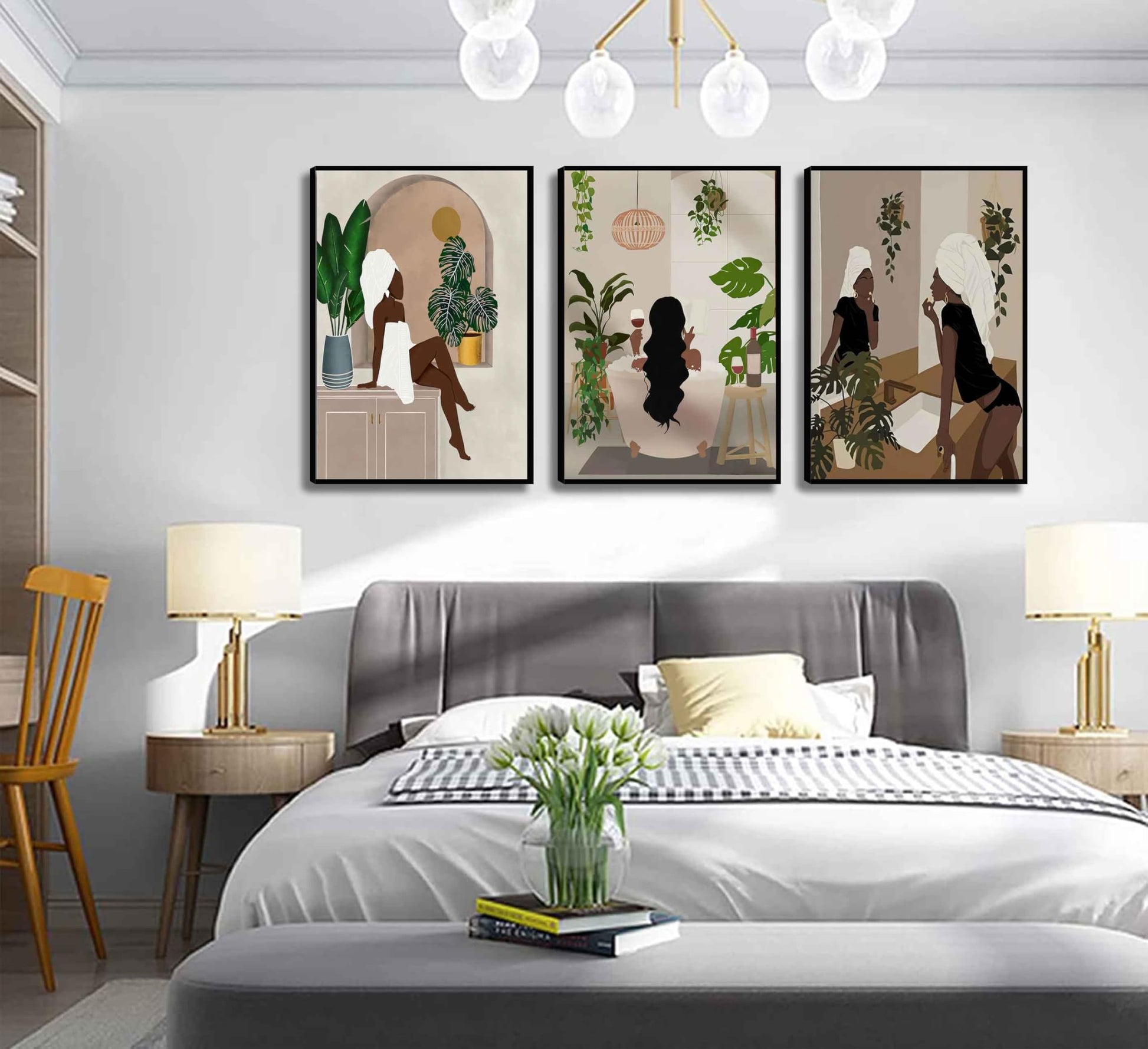 WSTUKVV 3Pcs Black Girl Bathroom Wall Art Boho Black Woman Posters Pictures African American Canvas Prints Fashion Abstract Paintings For Bathroom Home Bedroom Living Room Wall Decor Frame