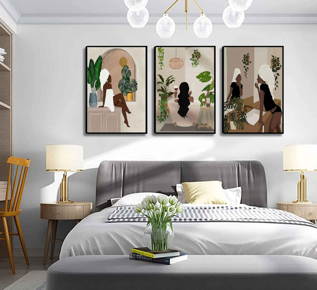 WSTUKVV 3Pcs Black Girl Bathroom Wall Art Boho Black Woman Posters Pictures African American Canvas Prints Fashion Abstract Paintings For Bathroom Home Bedroom Living Room Wall Decor Frame
