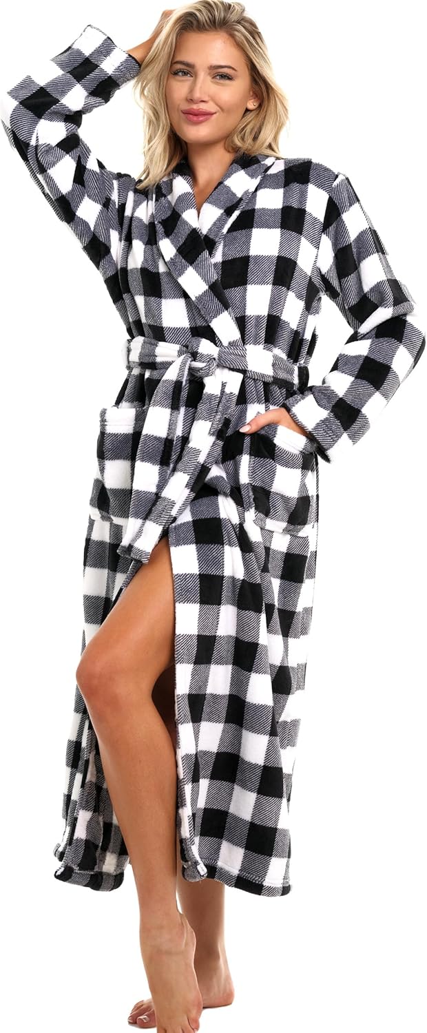 Alexander Del Rossa Plush Striped Robe for Women, Long Fleece Plaid Winter Bath Robe, Plus Size