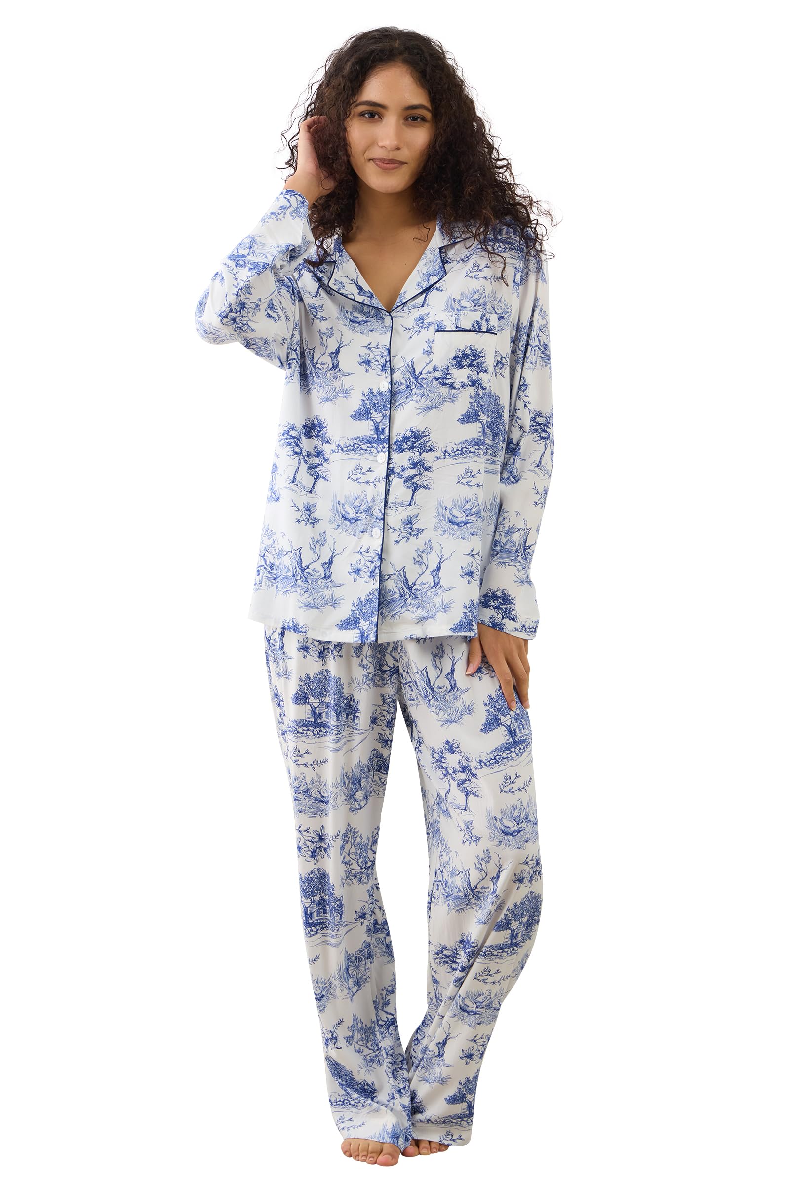 Womens Pajamas Set 2 Piece Long Sleeve Sleepwear Button Down Pjs Lounge Set Nightwear with Pockets
