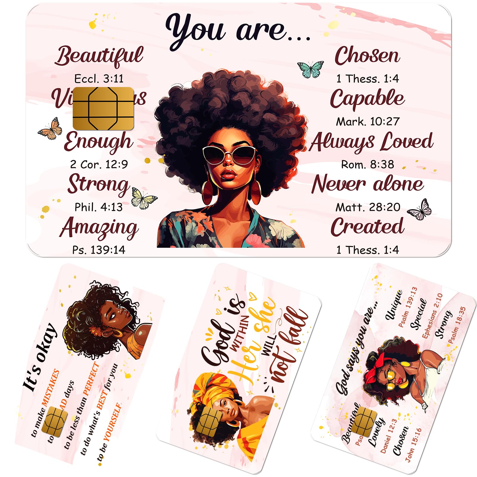Credit Card Skin Stickers - 4 Pcs Black Women Debit Card Skin Stickers Cover Set, Affirmative Inspirational Black Girl Waterproof Removable Decals for DIY Transportation Cards