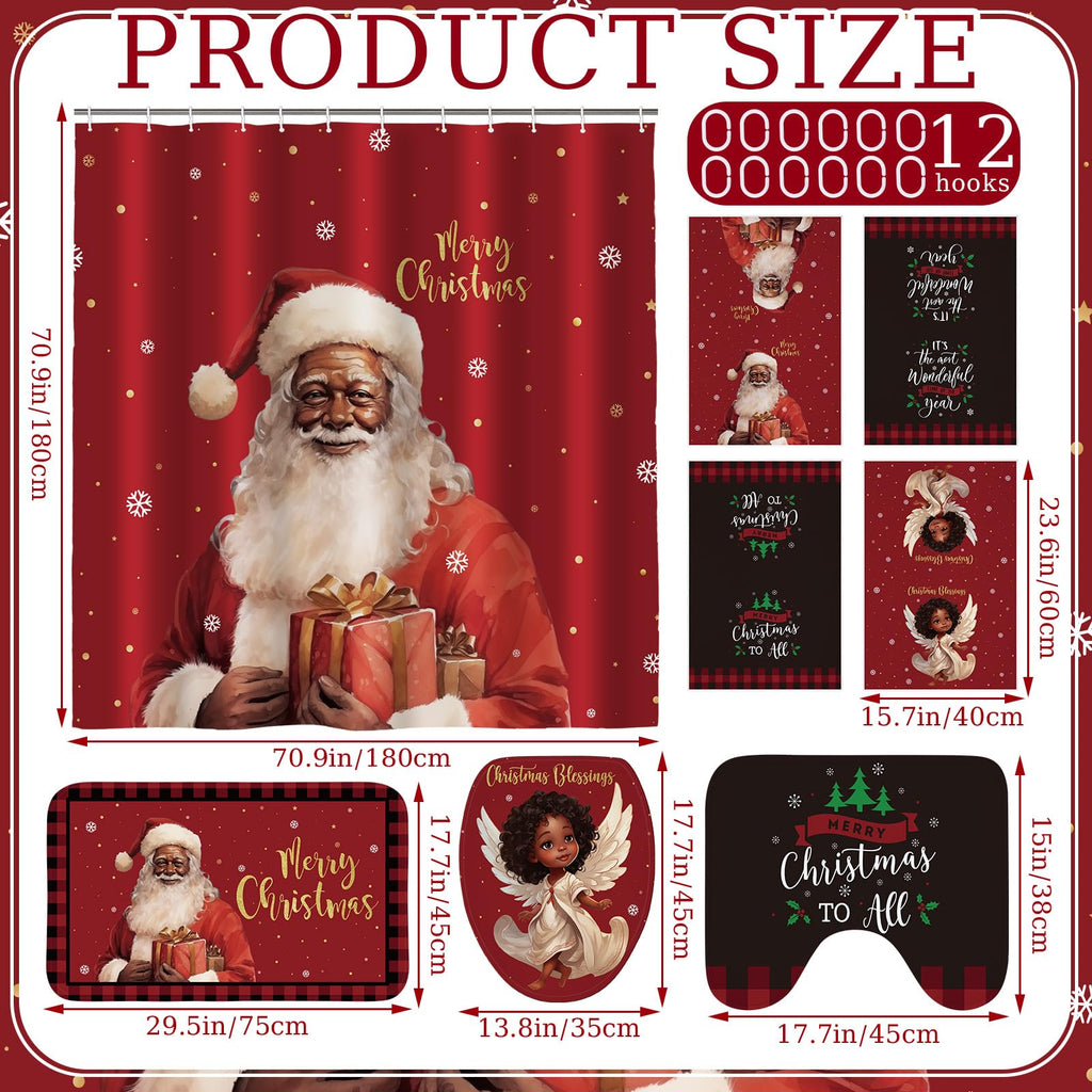 Honoson 8 Pcs Christmas Black Santa Claus Shower Curtain Set with Rugs and Kitchen Towels African American Retro Christmas Bathroom Decor Black Santa Curtain Decorations Xmas Farmhouse Gifts