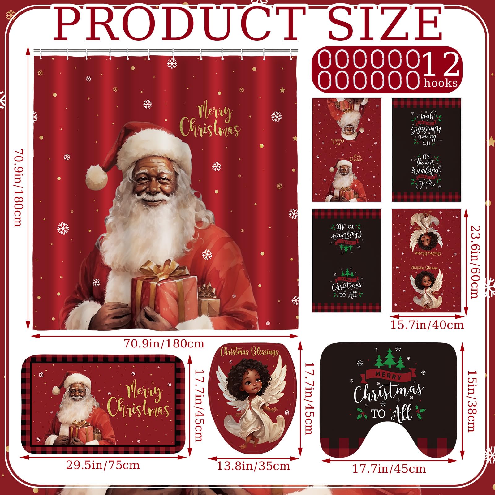 Honoson 8 Pcs Christmas Black Santa Claus Shower Curtain Set with Rugs and Kitchen Towels African American Retro Christmas Bathroom Decor Black Santa Curtain Decorations Xmas Farmhouse Gifts