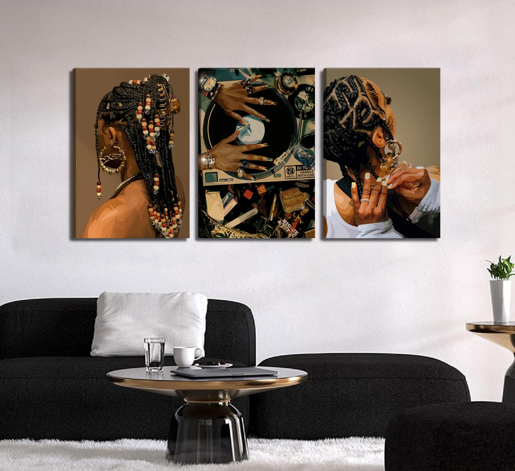 3Pcs Black Woman Canvas Wall art Boho Fashion Black Girl Painting Picture Wall Decor Abstract African American Poster Print Artwork for Living Room Bedroom Office Home Decoration,16x24in Canvas