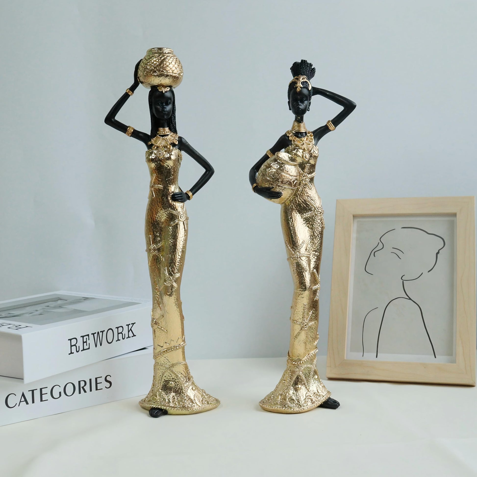 Set of 3 Resin African Woman Statues – Elegant Tribal Figurines in Gold Dresses, Afrocentric Home Decor Sculptures for Living Room, Bookshelf, Gift