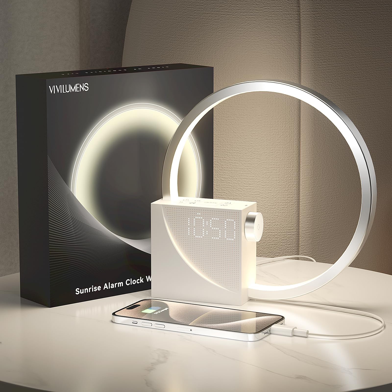 Vivilumens Sunrise Alarm Clock for Heavy Sleepers Adults, Wake-up Light, Sleep Aid 10 White Noise Sound Machines with 30/60/90 Timer, 3 Level Dimmable Touch Table Lamp with Snooze USB Charger Port