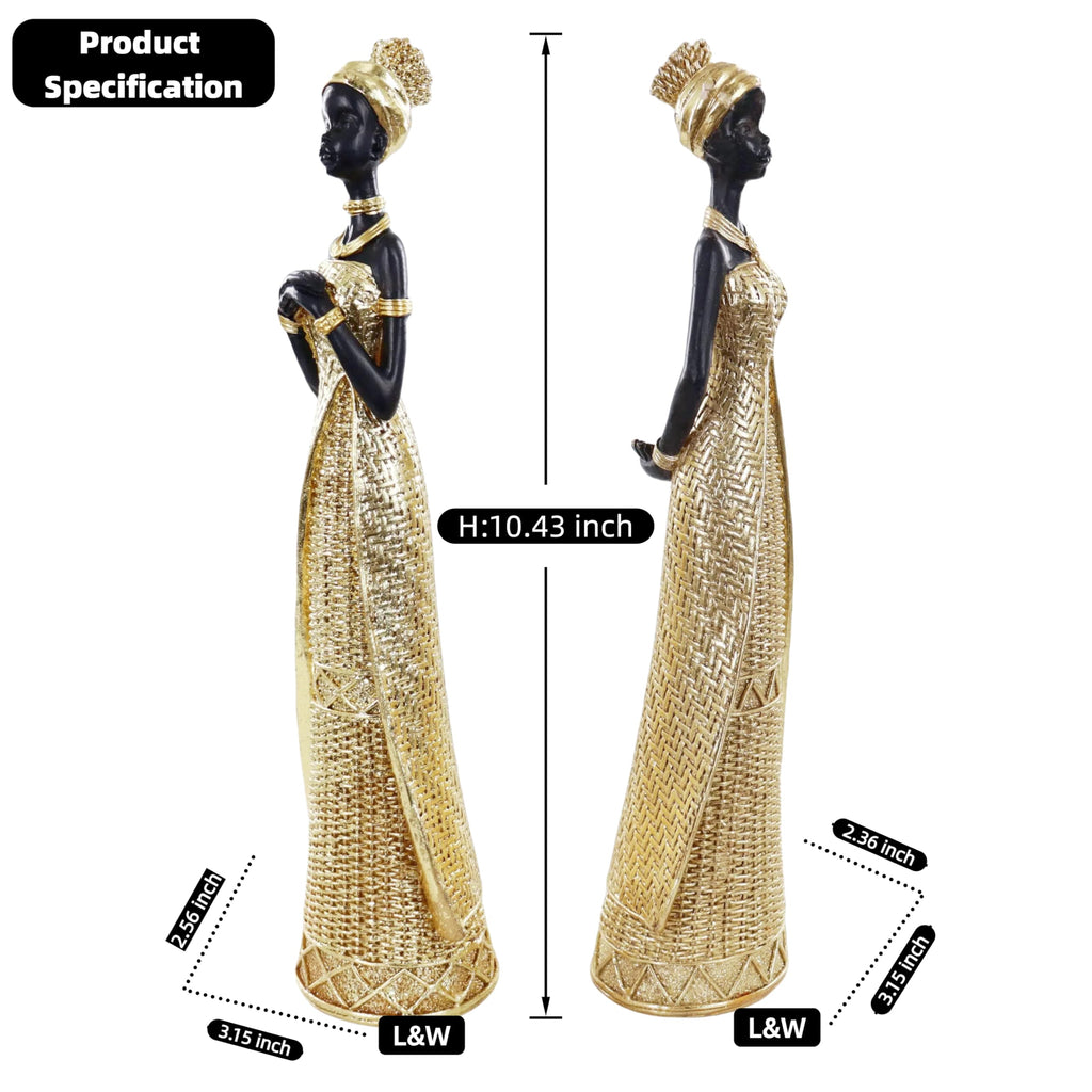 Set of 3 Resin African Woman Statues – Elegant Tribal Figurines in Gold Dresses, Afrocentric Home Decor Sculptures for Living Room, Bookshelf, Gift