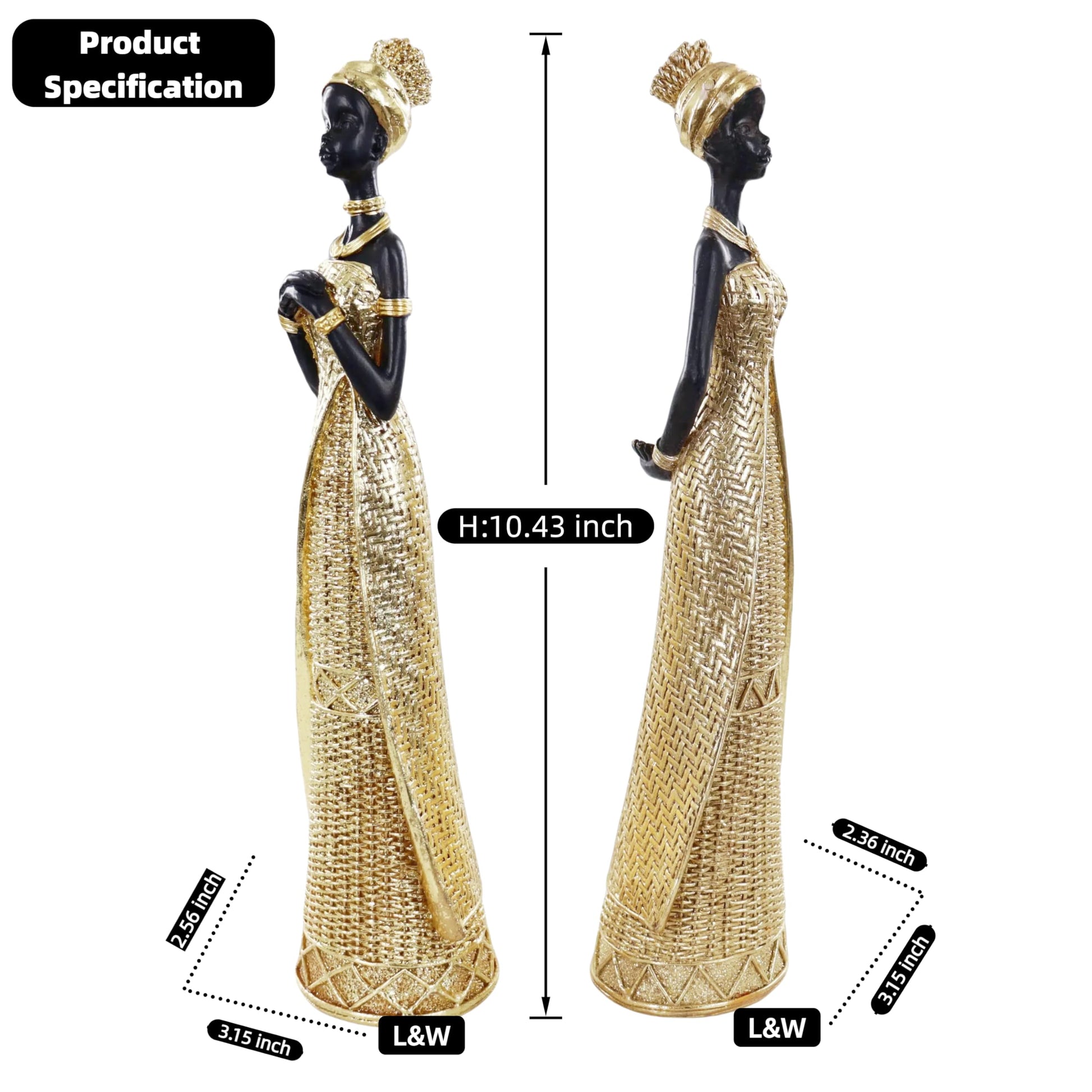 Set of 3 Resin African Woman Statues – Elegant Tribal Figurines in Gold Dresses, Afrocentric Home Decor Sculptures for Living Room, Bookshelf, Gift