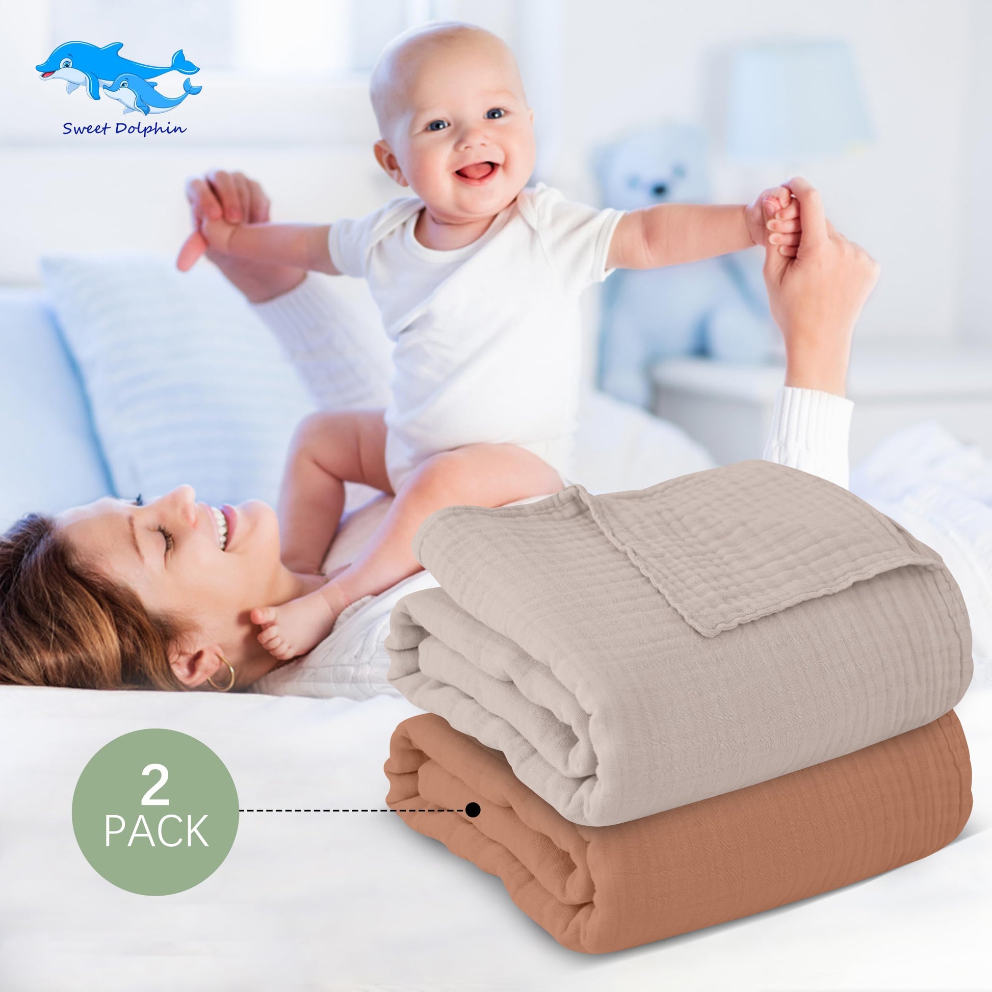 SWEET DOLPHIN Muslin Hooded Baby Bath Towels - 2 Pack 100% Cotton Towel for Babies, Infants, Toddlers - 32x32Inch - Highly Absorbent and Newborn Essential, Light Bean Paste