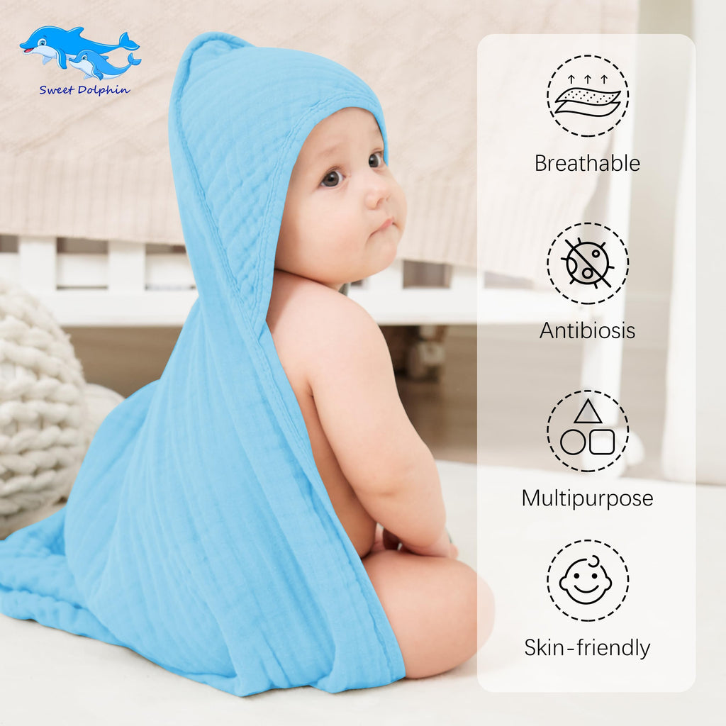 SWEET DOLPHIN Muslin Hooded Baby Bath Towels - 2 Pack 100% Cotton Towel for Babies, Infants, Toddlers - 32x32Inch - Highly Absorbent and Newborn Essential, Light Bean Paste