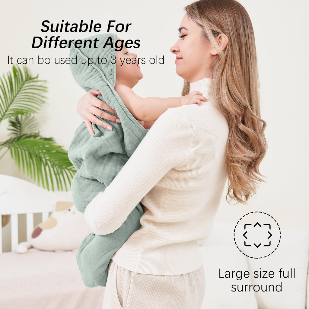 SWEET DOLPHIN Muslin Hooded Baby Bath Towels - 2 Pack 100% Cotton Towel for Babies, Infants, Toddlers - 32x32Inch - Highly Absorbent and Newborn Essential, Light Bean Paste