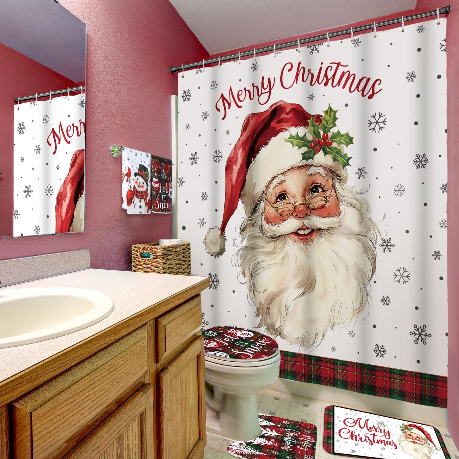Honoson 8 Pcs Christmas Black Santa Claus Shower Curtain Set with Rugs and Kitchen Towels African American Retro Christmas Bathroom Decor Black Santa Curtain Decorations Xmas Farmhouse Gifts