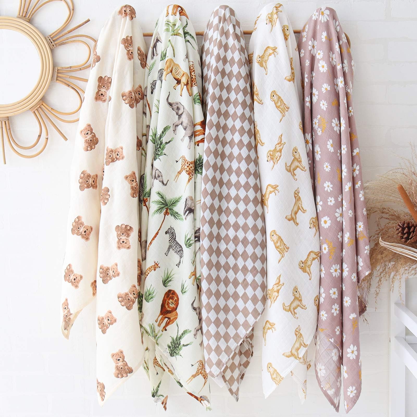 LifeTree Muslin Swaddle Blankets, Baby Swaddling Wrap Nursery Blanket Unisex, Soft 70% Viscose from Bamboo and 30% Cotton, Large 47 x 47 inches, Bear & Checkered Swaddle Blanket