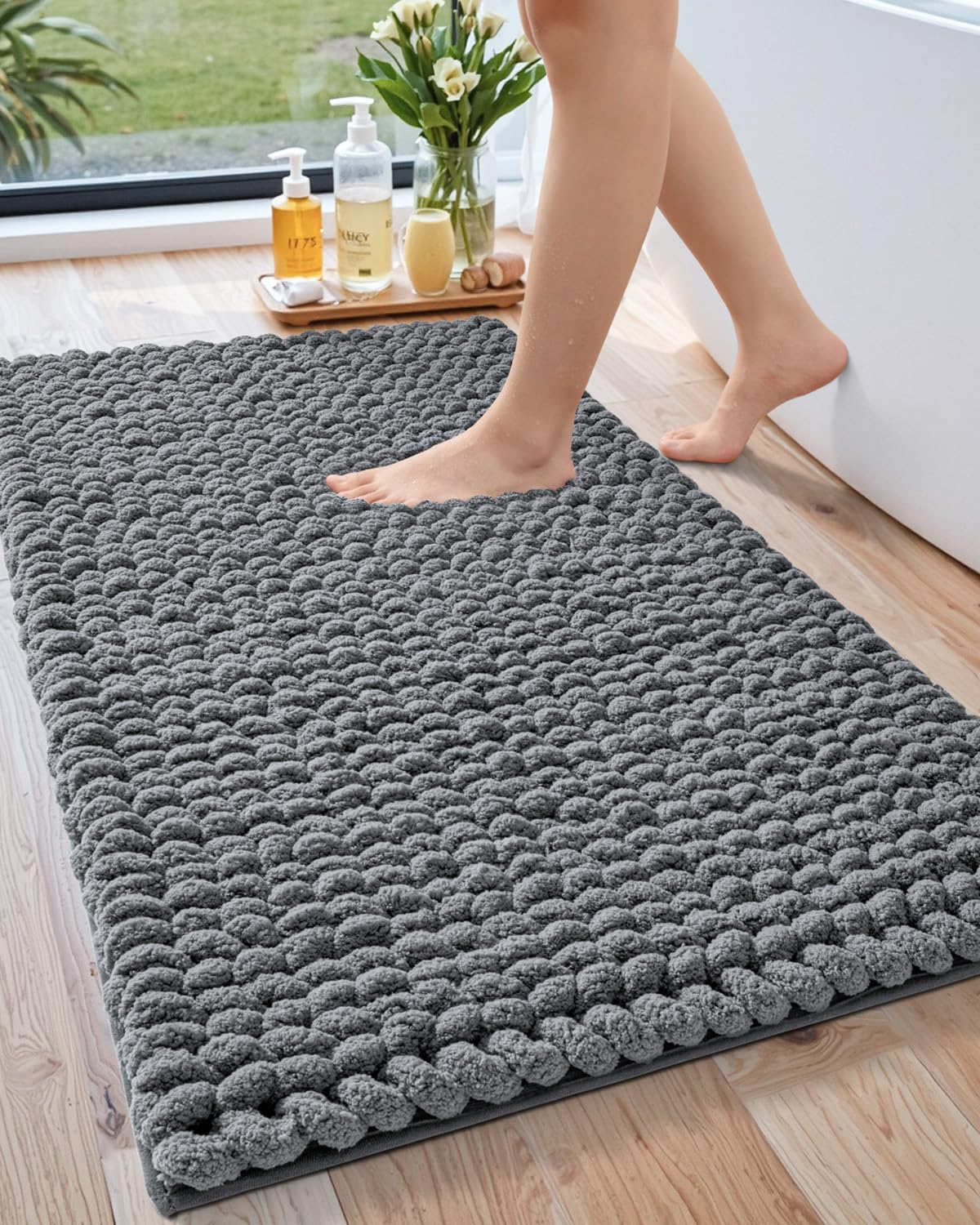 LUMI Luxury Bathroom Rug, Ultra Soft Quick Dry Bath Mat, Non-Slip Absorbent Thick Chenille Bath Rug, Cozy Braid Design Floor Mat for Bathtub, Sink, Laundry, Bedroom, White, 24"x36"
