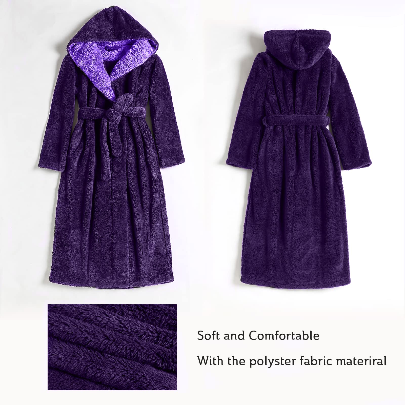 Hellomamma Long Hooded Robe for Women Luxurious Flannel Fleece Full Length Bathrobe Winter Warm Pajamas Shower Nightgown