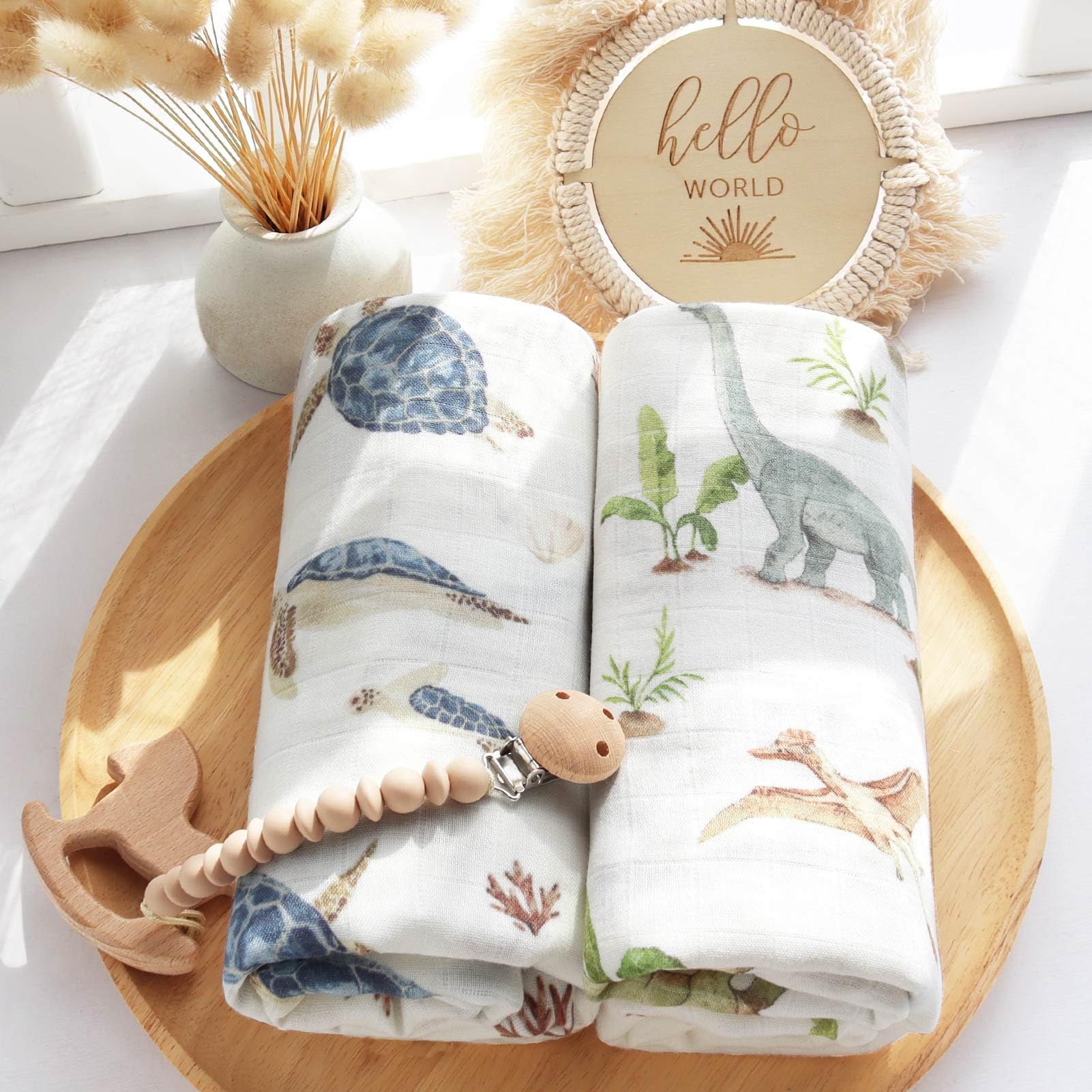 LifeTree Muslin Swaddle Blankets, Baby Swaddling Wrap Nursery Blanket Unisex, Soft 70% Viscose from Bamboo and 30% Cotton, Large 47 x 47 inches, Bear & Checkered Swaddle Blanket