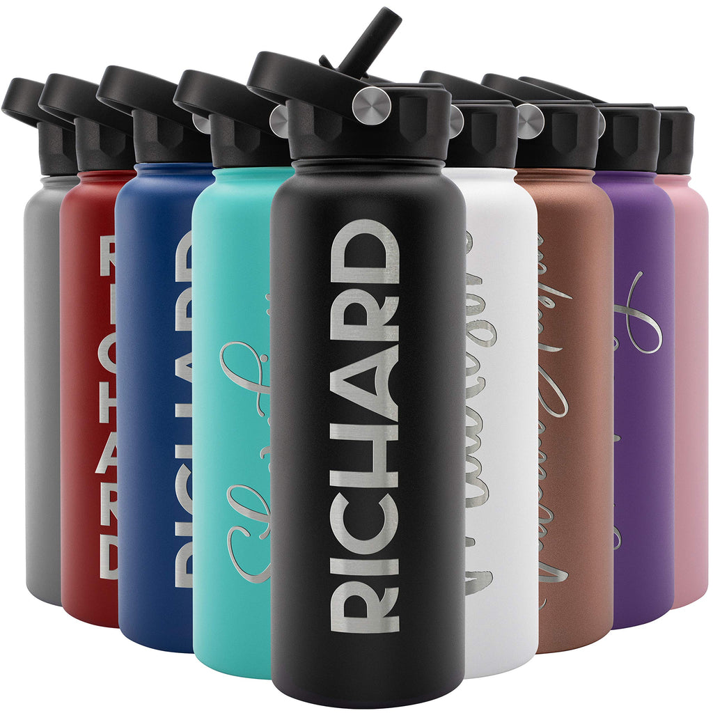 Amazing Items Personalized Water Bottle w/Straw & Lid, 18 oz - Black | Custom Stainless Steel Sports Water Bottle w/Name and Text - Double Wall, Vacuum Insulated - Rotating Handle