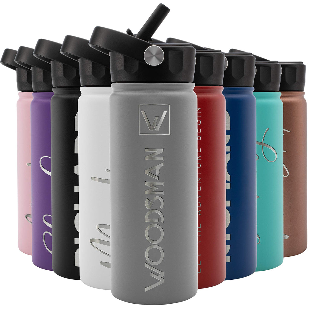 Amazing Items Personalized Water Bottle w/Straw & Lid, 18 oz - Black | Custom Stainless Steel Sports Water Bottle w/Name and Text - Double Wall, Vacuum Insulated - Rotating Handle