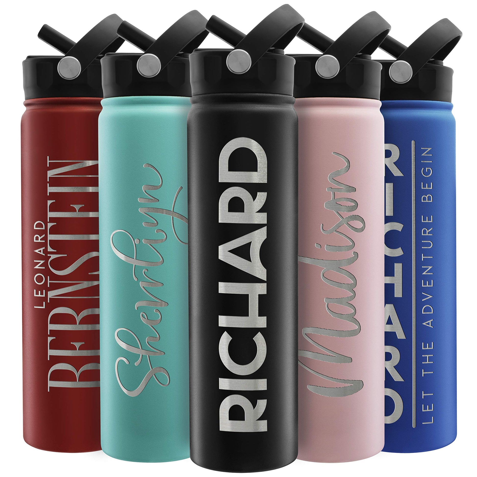 Amazing Items Personalized Water Bottle w/Straw & Lid, 18 oz - Black | Custom Stainless Steel Sports Water Bottle w/Name and Text - Double Wall, Vacuum Insulated - Rotating Handle