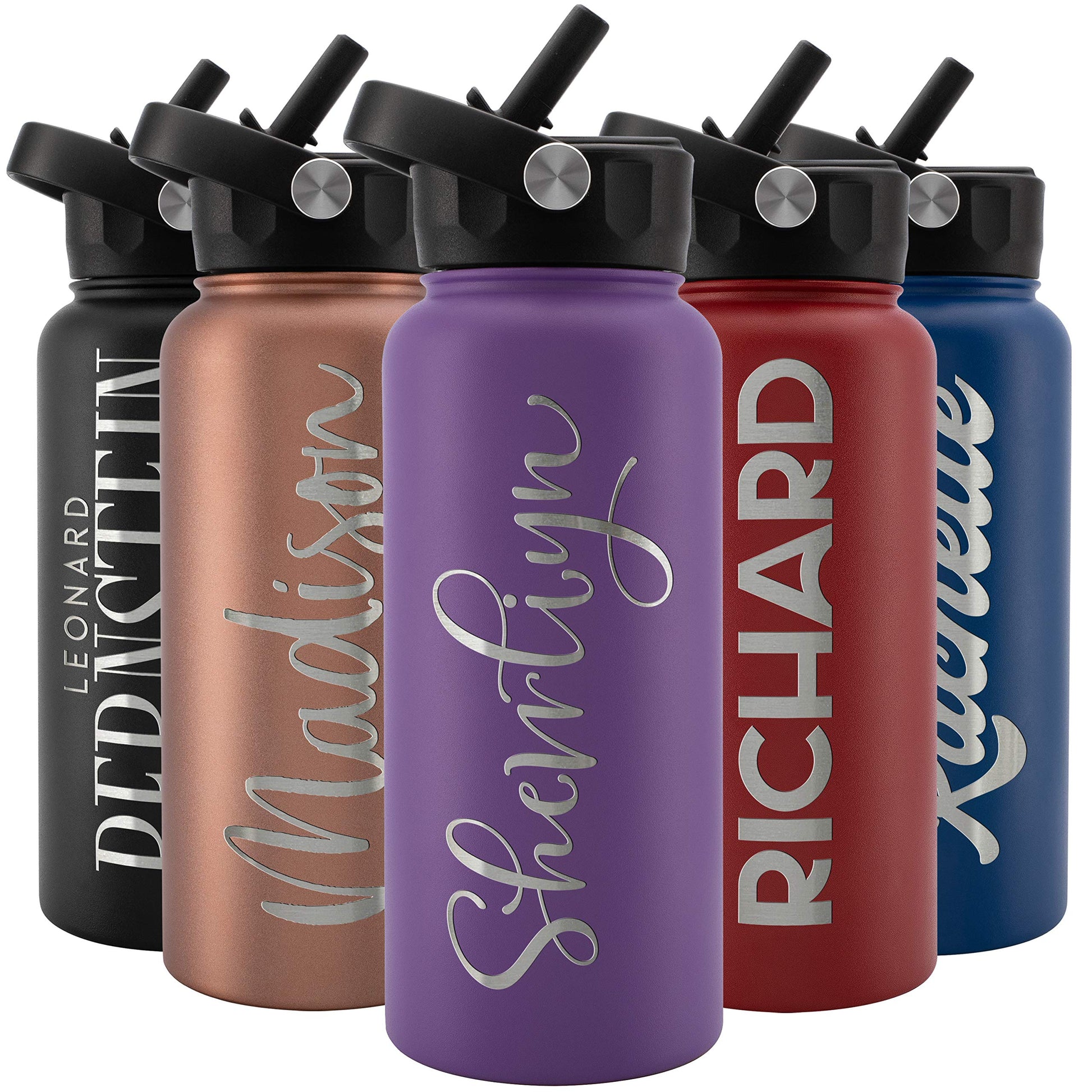 Amazing Items Personalized Water Bottle w/Straw & Lid, 18 oz - Black | Custom Stainless Steel Sports Water Bottle w/Name and Text - Double Wall, Vacuum Insulated - Rotating Handle