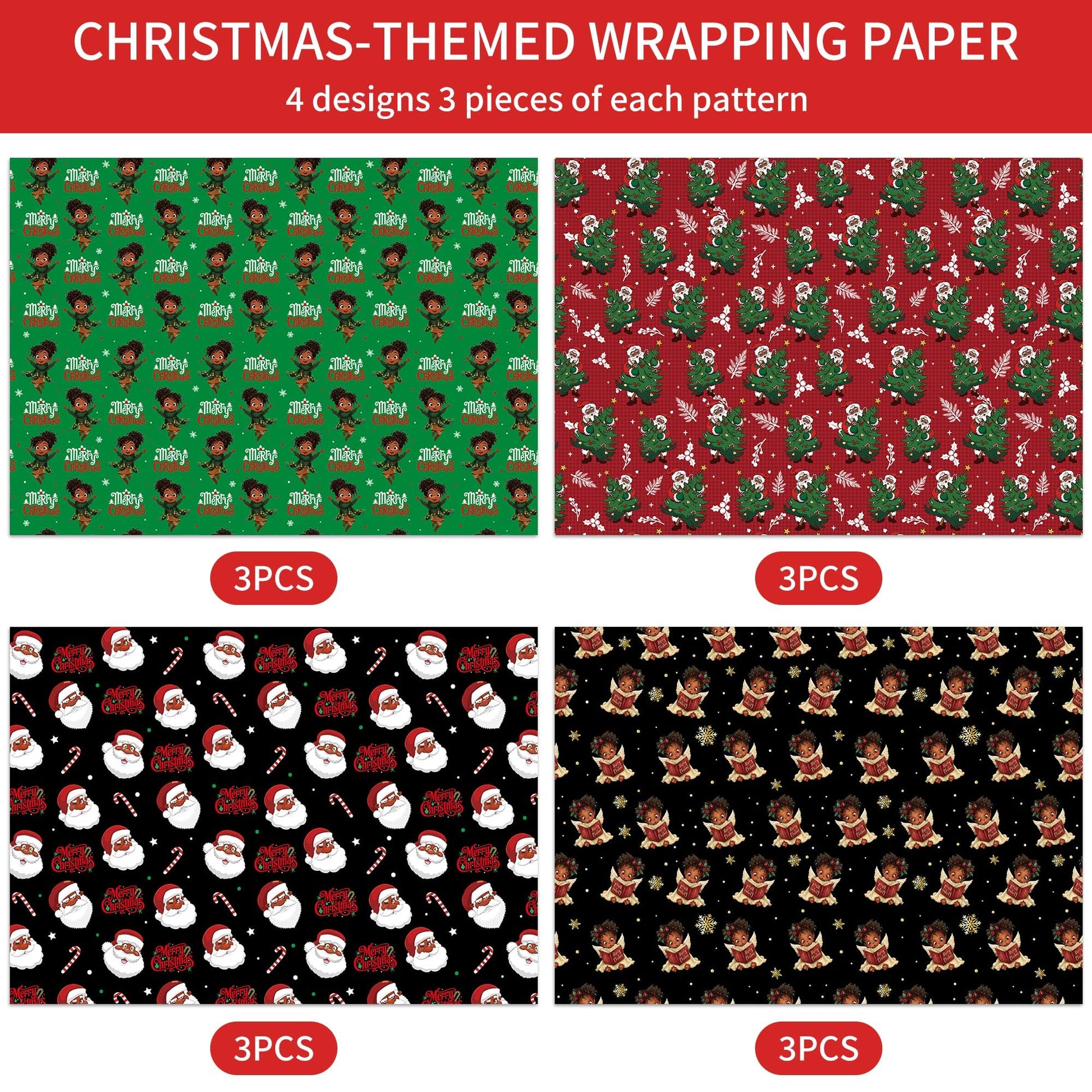 CRASHOT Christmas Wrapping Paper - 12 Sheet Black Girl Gift Wrapping Paper, Xmas Tree Santa Design for Party Birthday Holiday (Not Roll, 19.7 x 27.6 Inch)