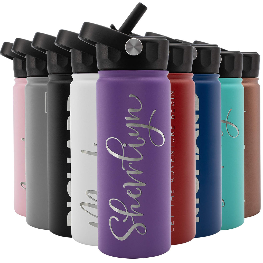 Amazing Items Personalized Water Bottle w/Straw & Lid, 18 oz - Black | Custom Stainless Steel Sports Water Bottle w/Name and Text - Double Wall, Vacuum Insulated - Rotating Handle