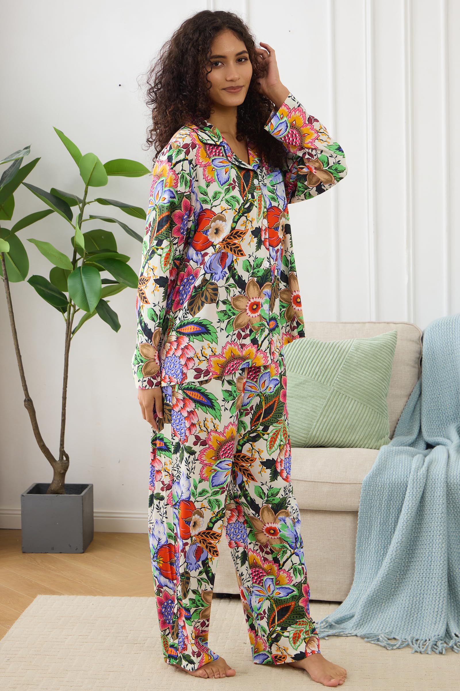 Womens Pajamas Set 2 Piece Long Sleeve Sleepwear Button Down Pjs Lounge Set Nightwear with Pockets