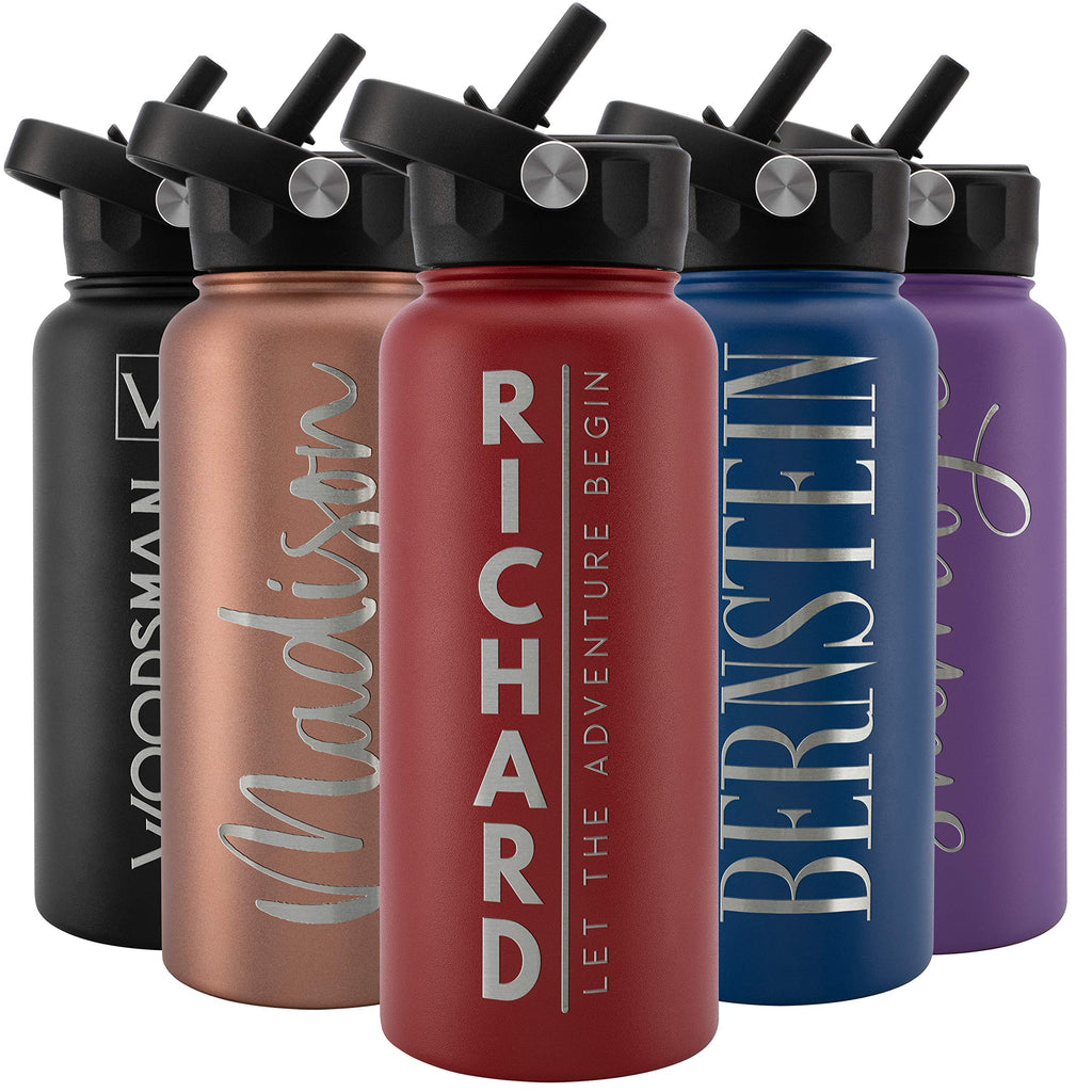 Amazing Items Personalized Water Bottle w/Straw & Lid, 18 oz - Black | Custom Stainless Steel Sports Water Bottle w/Name and Text - Double Wall, Vacuum Insulated - Rotating Handle