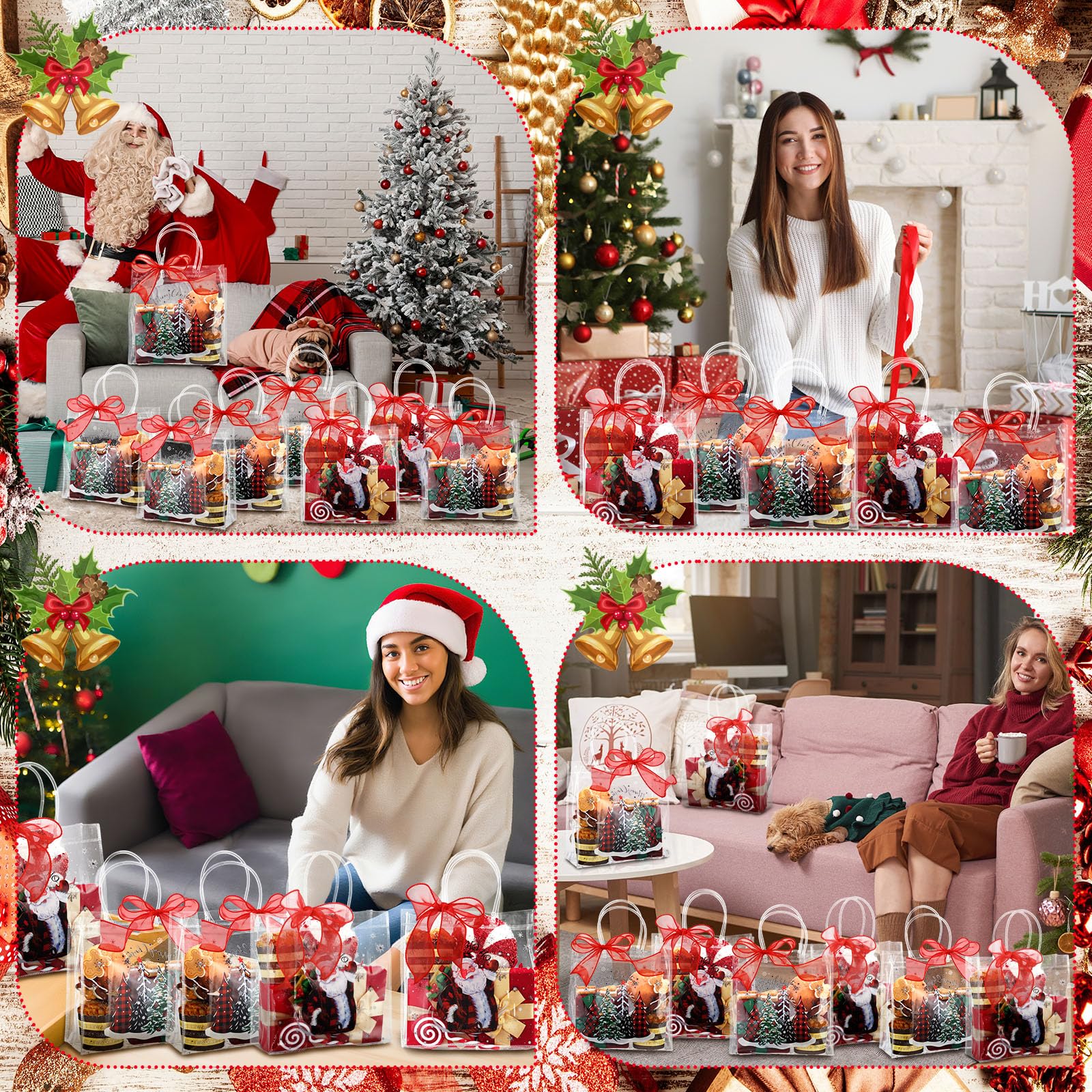 Motipuns 24 Pcs Christmas Clear PVC Gift Bags with Handles and Ribbon African American Black Santa Claus Party Favor Reusable Plastic Candy Treat Tote Bags for Merry New year Xmas Birthday Supplies