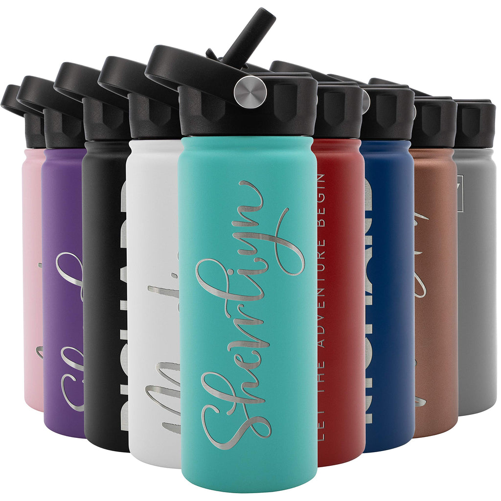 Amazing Items Personalized Water Bottle w/Straw & Lid, 18 oz - Black | Custom Stainless Steel Sports Water Bottle w/Name and Text - Double Wall, Vacuum Insulated - Rotating Handle