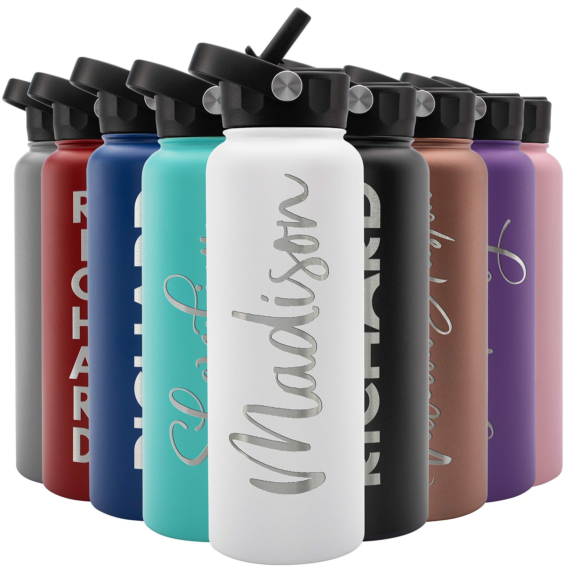 Amazing Items Personalized Water Bottle w/Straw & Lid, 18 oz - Black | Custom Stainless Steel Sports Water Bottle w/Name and Text - Double Wall, Vacuum Insulated - Rotating Handle