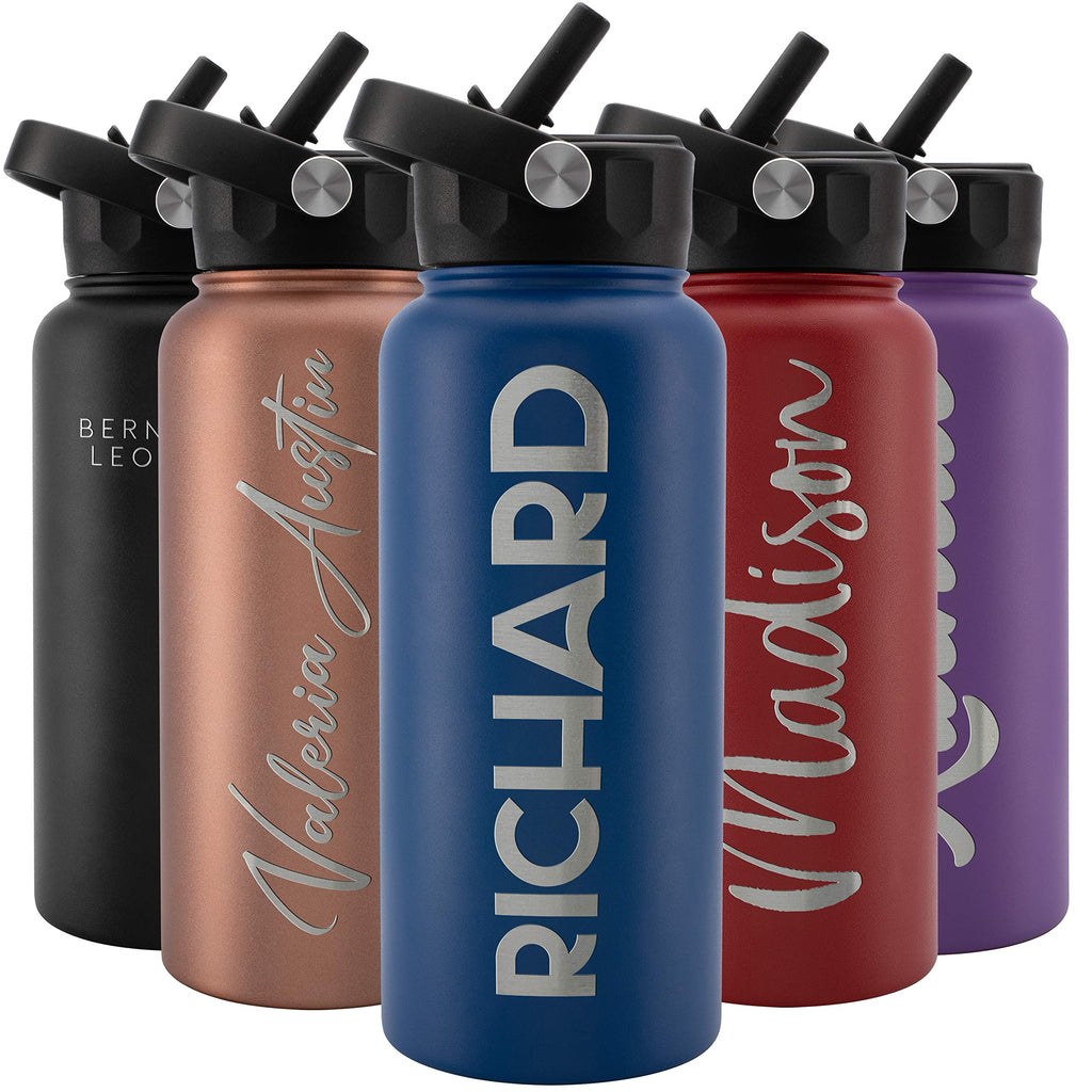 Amazing Items Personalized Water Bottle w/Straw & Lid, 18 oz - Black | Custom Stainless Steel Sports Water Bottle w/Name and Text - Double Wall, Vacuum Insulated - Rotating Handle