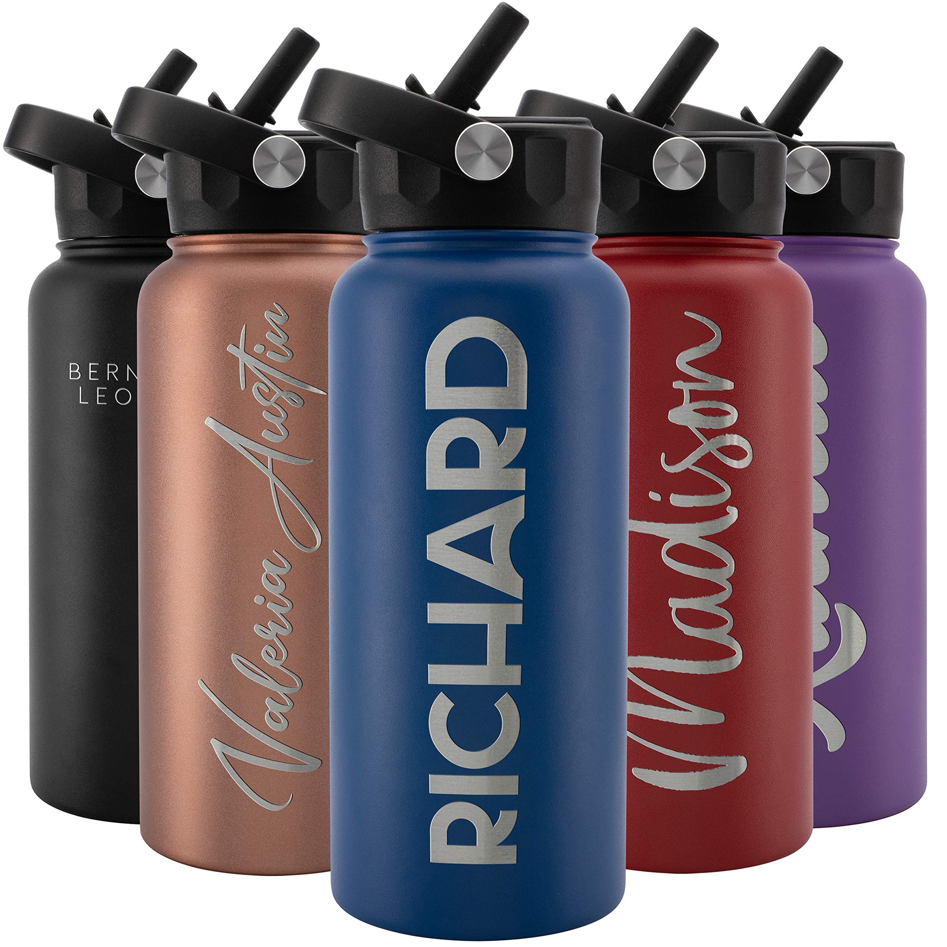 Amazing Items Personalized Water Bottle w/Straw & Lid, 18 oz - Black | Custom Stainless Steel Sports Water Bottle w/Name and Text - Double Wall, Vacuum Insulated - Rotating Handle