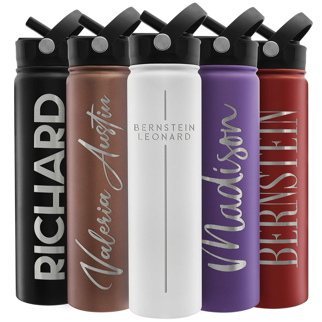 Amazing Items Personalized Water Bottle w/Straw & Lid, 18 oz - Black | Custom Stainless Steel Sports Water Bottle w/Name and Text - Double Wall, Vacuum Insulated - Rotating Handle
