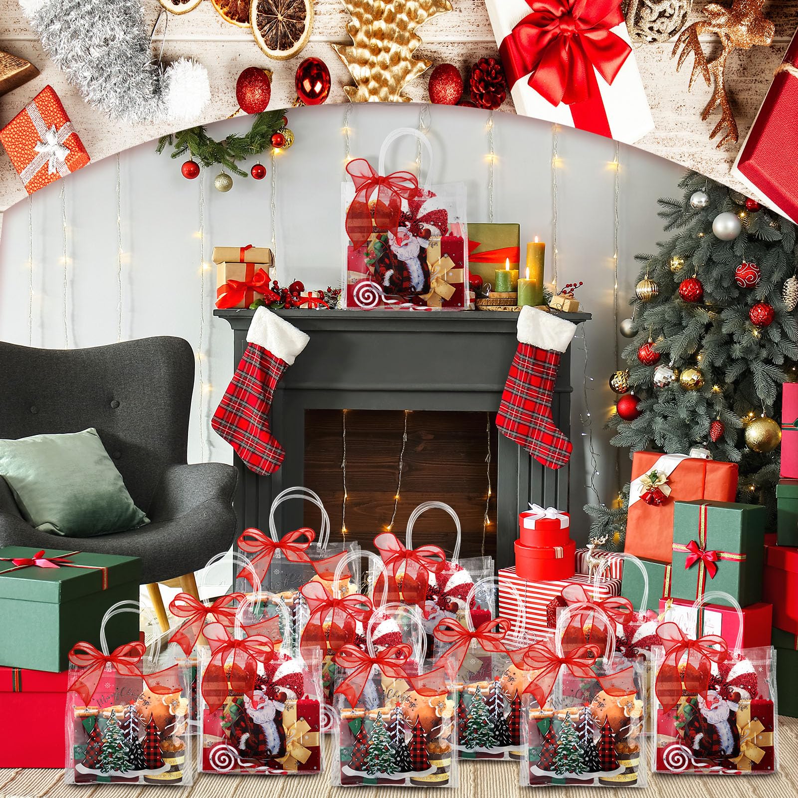Motipuns 24 Pcs Christmas Clear PVC Gift Bags with Handles and Ribbon African American Black Santa Claus Party Favor Reusable Plastic Candy Treat Tote Bags for Merry New year Xmas Birthday Supplies