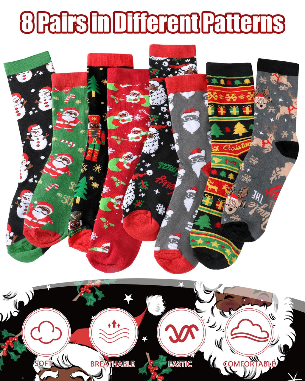 8 Pairs Novelty Black Santa Christmas Socks Funny African American Santa Crew Socks for Christmas Stocking Stuffers