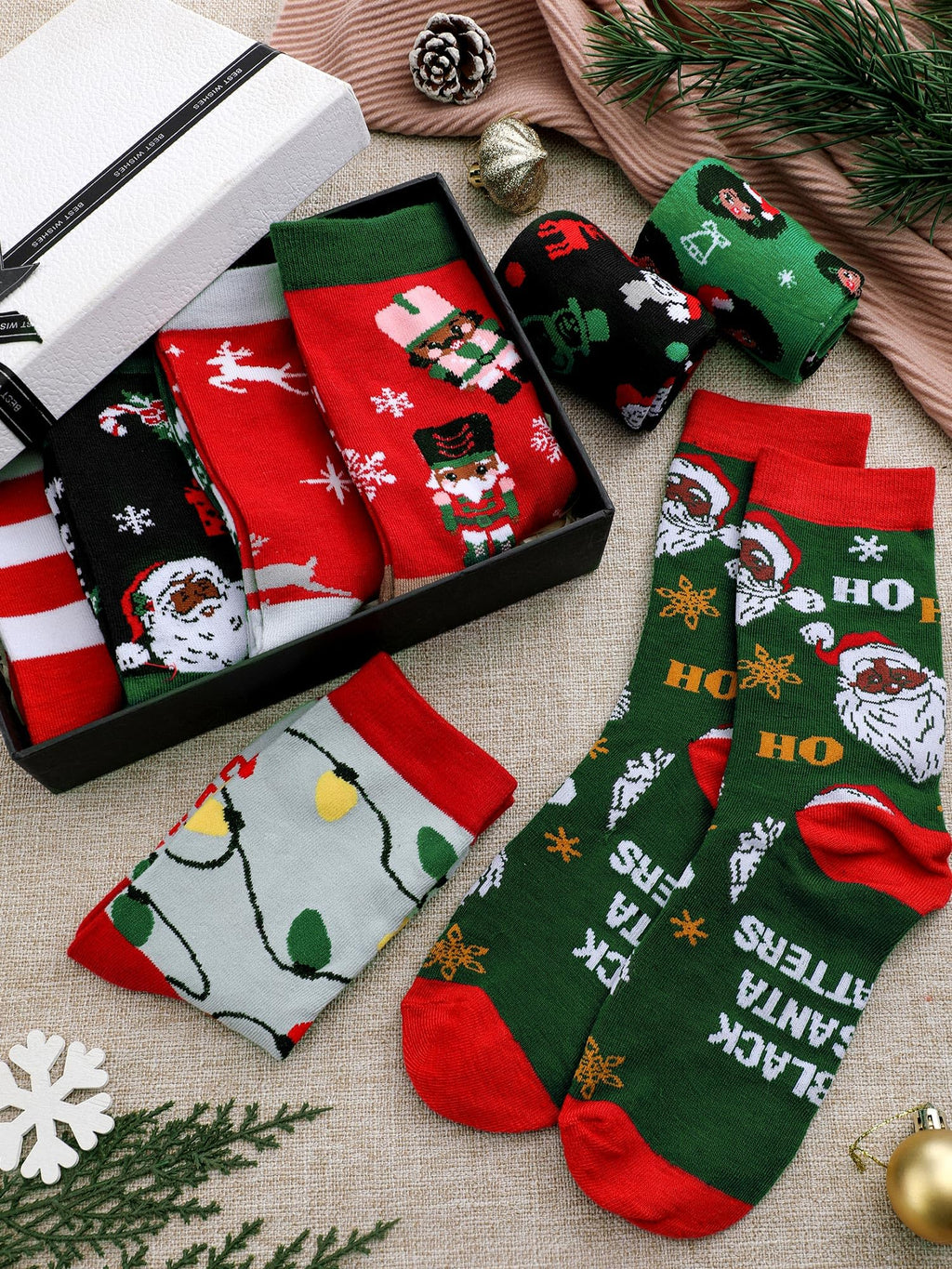 8 Pairs Novelty Black Santa Christmas Socks Funny African American Santa Crew Socks for Christmas Stocking Stuffers