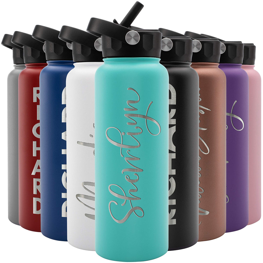 Amazing Items Personalized Water Bottle w/Straw & Lid, 18 oz - Black | Custom Stainless Steel Sports Water Bottle w/Name and Text - Double Wall, Vacuum Insulated - Rotating Handle
