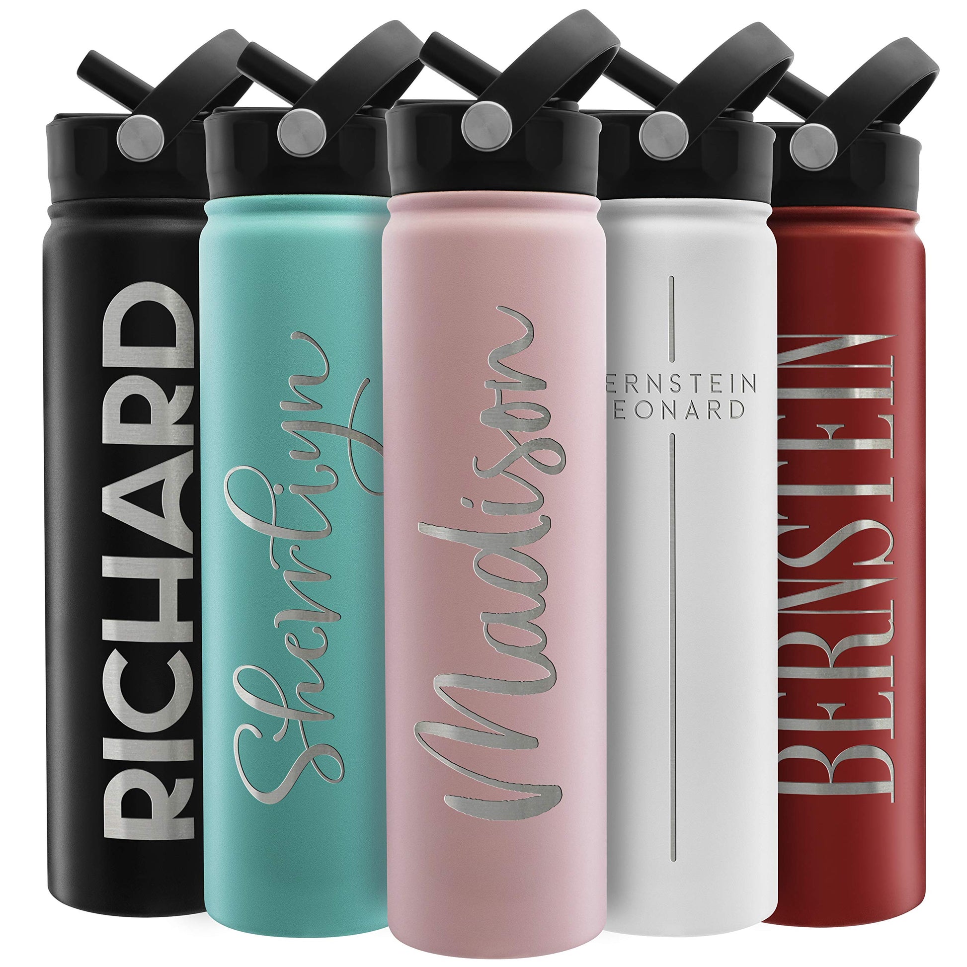 Amazing Items Personalized Water Bottle w/Straw & Lid, 18 oz - Black | Custom Stainless Steel Sports Water Bottle w/Name and Text - Double Wall, Vacuum Insulated - Rotating Handle