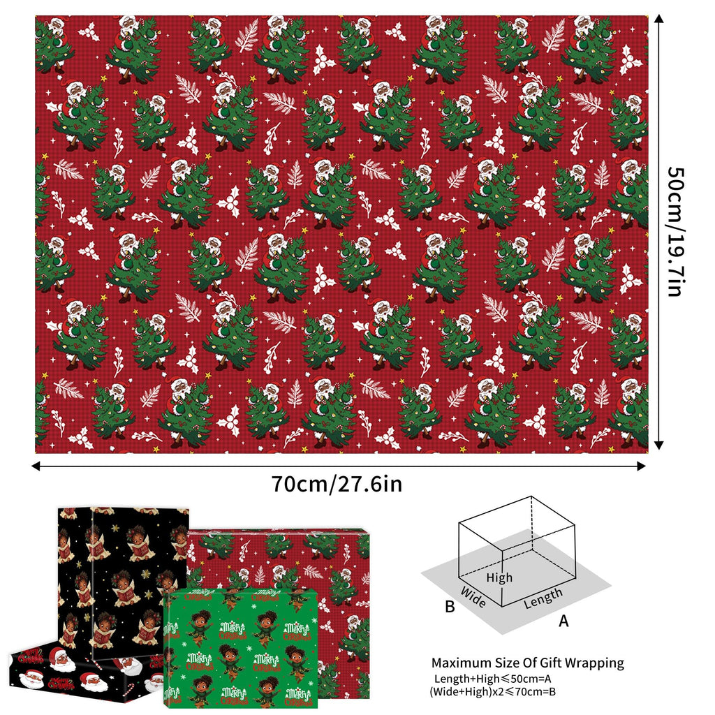 CRASHOT Christmas Wrapping Paper - 12 Sheet Black Girl Gift Wrapping Paper, Xmas Tree Santa Design for Party Birthday Holiday (Not Roll, 19.7 x 27.6 Inch)