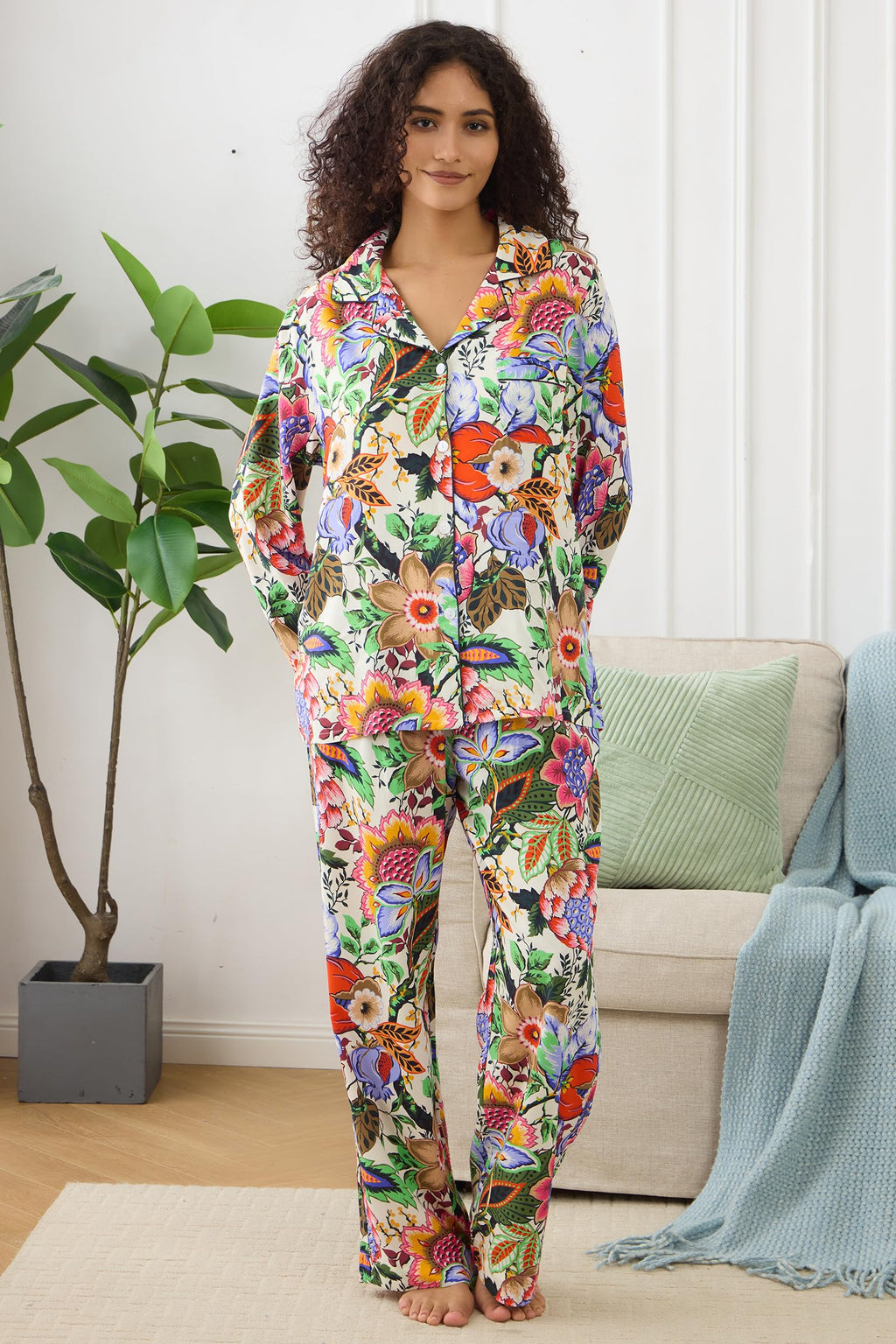 Womens Pajamas Set 2 Piece Long Sleeve Sleepwear Button Down Pjs Lounge Set Nightwear with Pockets
