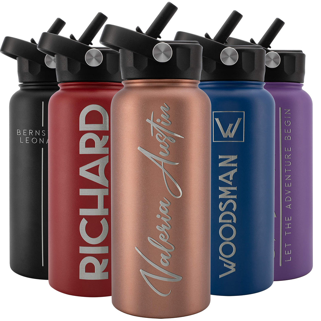 Amazing Items Personalized Water Bottle w/Straw & Lid, 18 oz - Black | Custom Stainless Steel Sports Water Bottle w/Name and Text - Double Wall, Vacuum Insulated - Rotating Handle