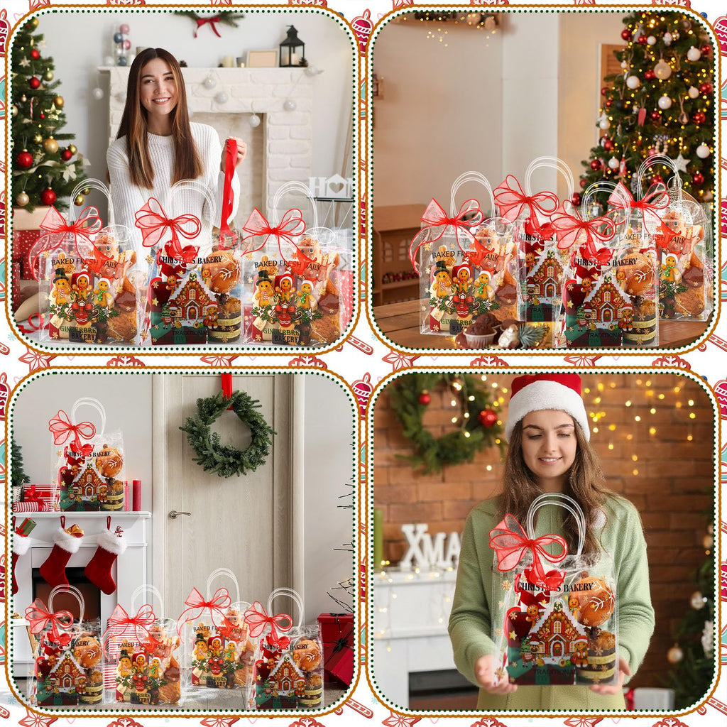 Motipuns 24 Pcs Christmas Clear PVC Gift Bags with Handles and Ribbon African American Black Santa Claus Party Favor Reusable Plastic Candy Treat Tote Bags for Merry New year Xmas Birthday Supplies