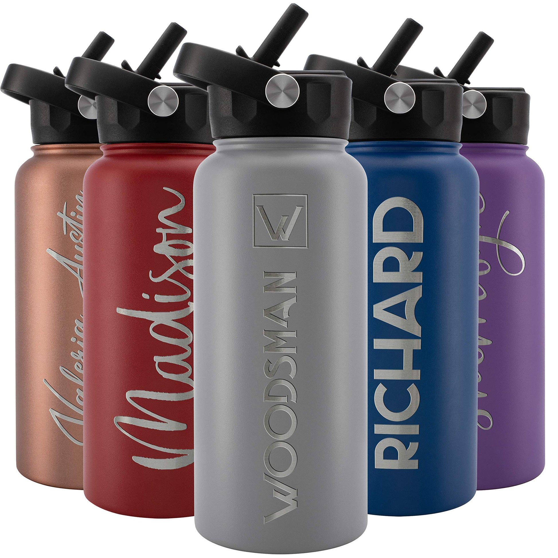 Amazing Items Personalized Water Bottle w/Straw & Lid, 18 oz - Black | Custom Stainless Steel Sports Water Bottle w/Name and Text - Double Wall, Vacuum Insulated - Rotating Handle