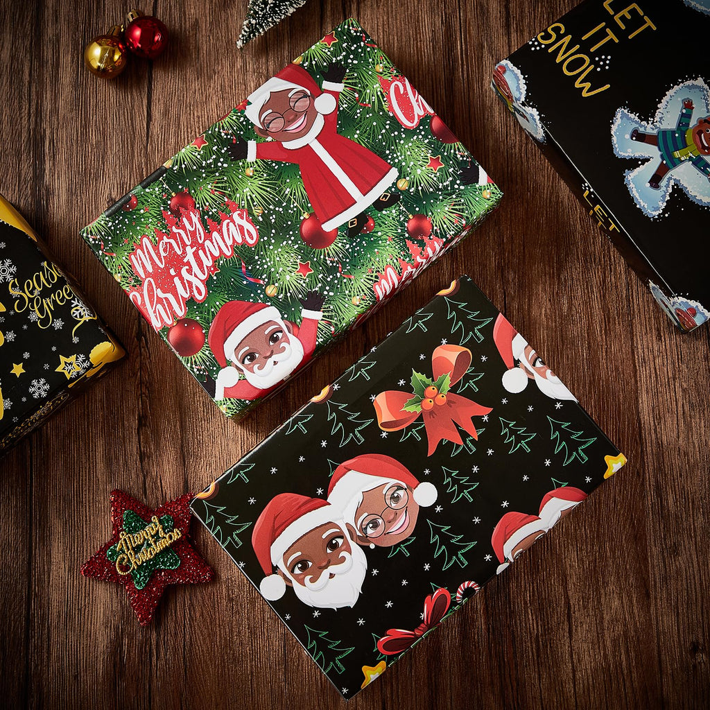 Vnaaem African American Christmas Wrapping Paper Black Holiday Style Gift Wrap Paper Bulk Santa Angel Merry Christmas Element Dsign for Boys Girls Family - 20 X 28 Inches 8 Folded Sheets